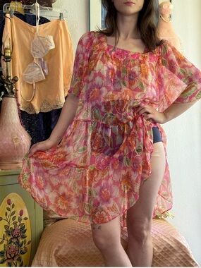 NWT JADE Pink Floral Sheer Silk Babydoll Dress with Marching Slip S
